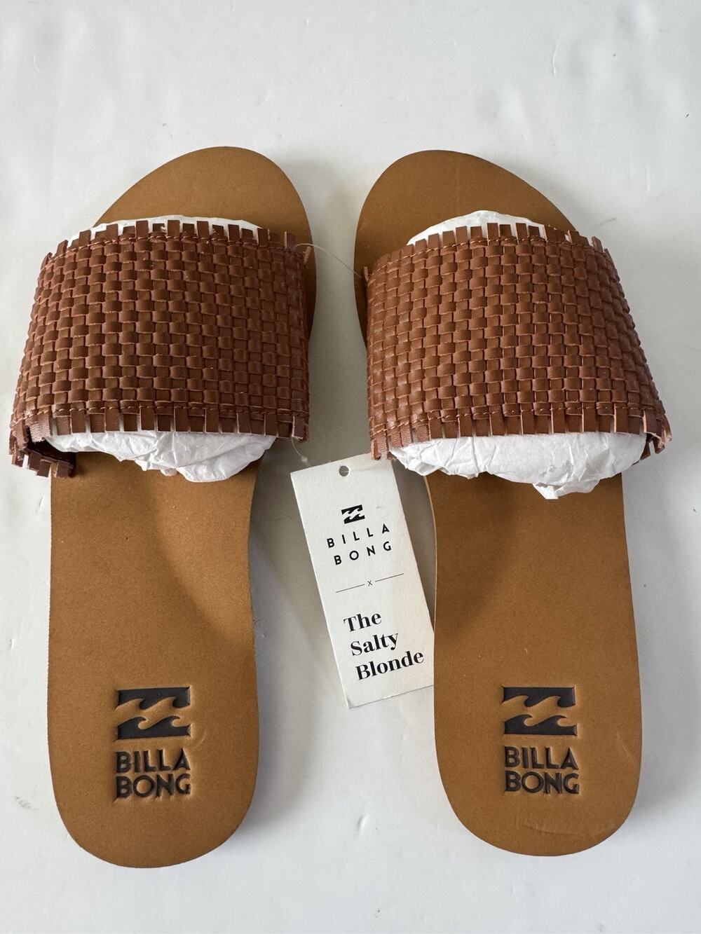 Billabong Sandals Women 9 Cognac Tan Woven Boho Slide Flats Beachy Salty Blonde